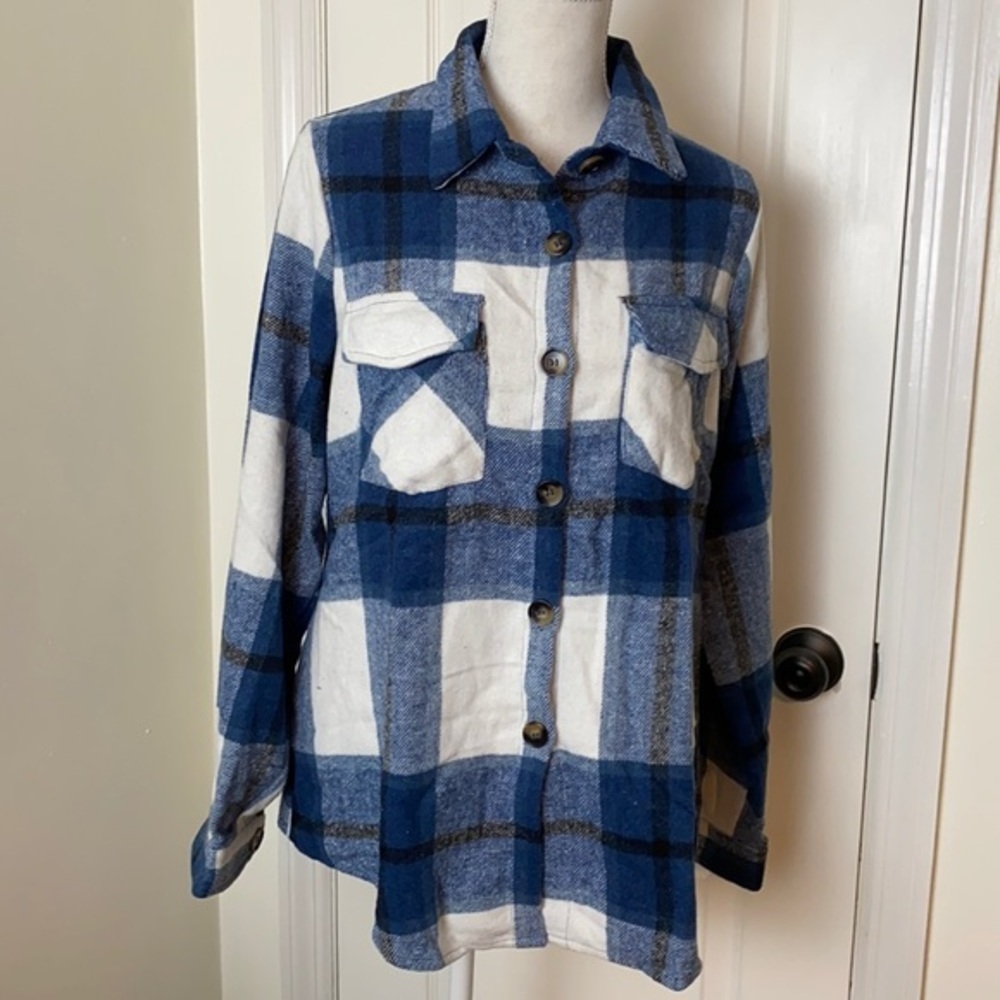 PLAID BUTTON DOWN SHACKET JACKET BLUE SIZES SMALL - MEDIUM - LARGE - XLARGE - Picture 3 of 7